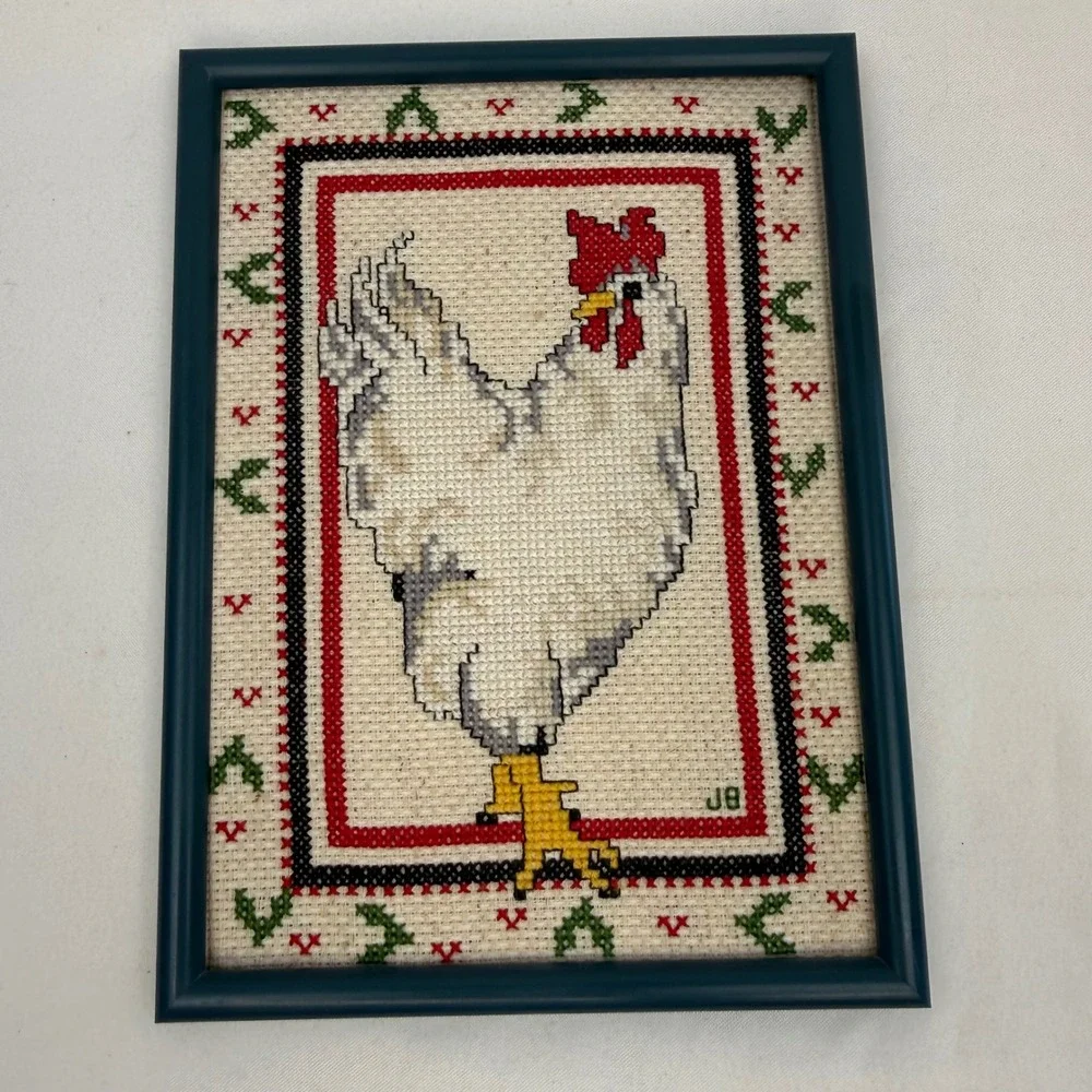 Vintage Handmade Framed Rooster Cross Stitch Needlepoint Farmhouse Decor JB